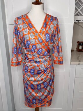 Gretchen Scott Twist And Shout Wrap Dress Orange Blue Women’s Size Medium